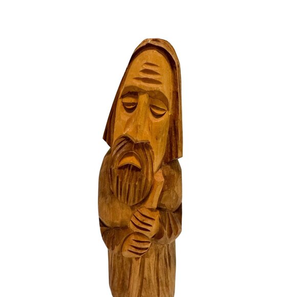 Vintage Carved Wood Folk Art Old Man Wiseman Monk Shepard Hand Carved 10" tall - Picture 2 of 7